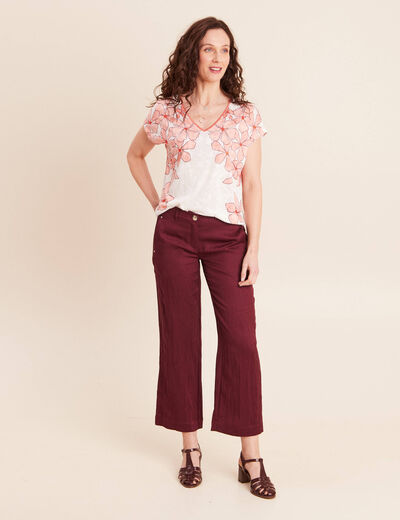 T-shirt col v manches courtes ecru femme