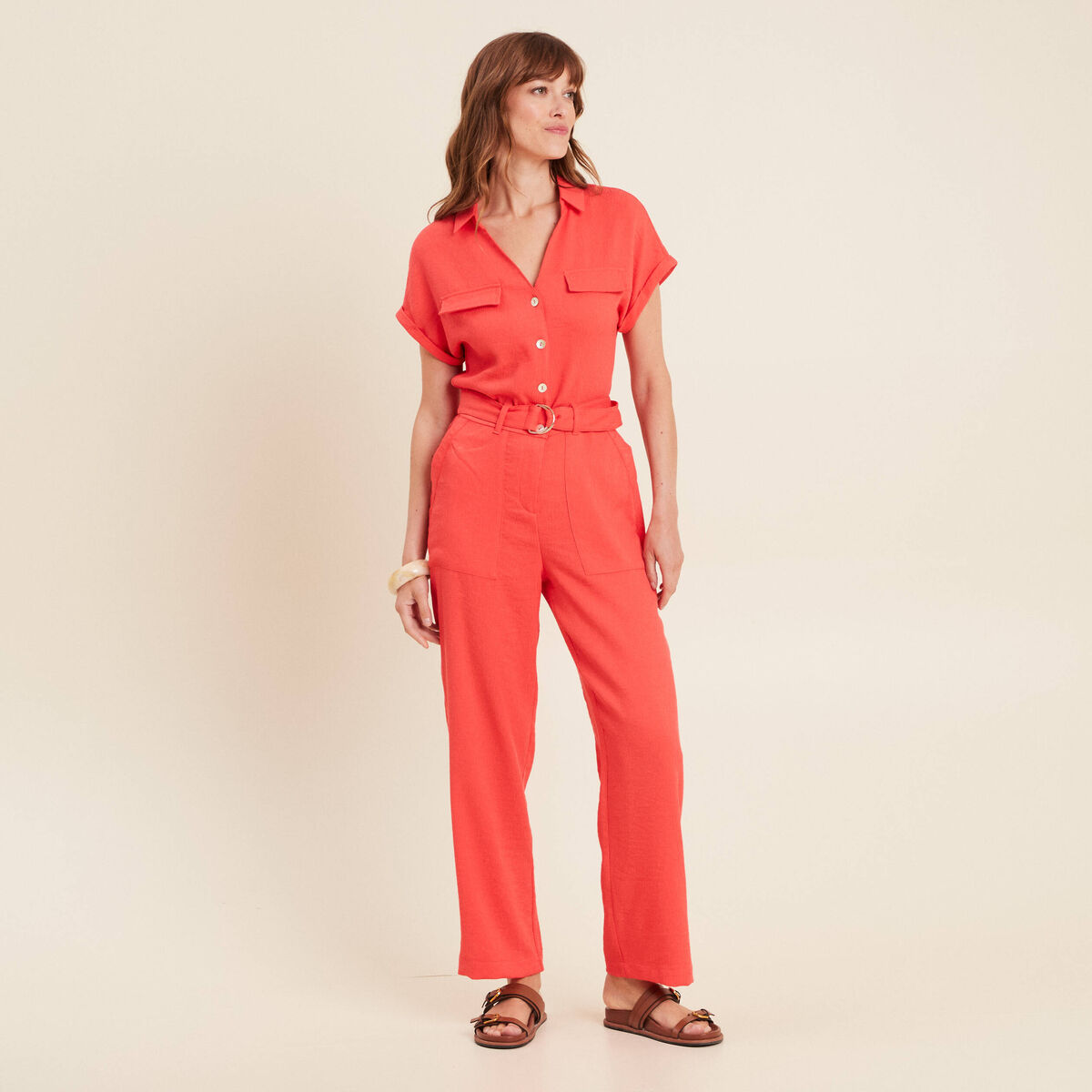 Combinaison fluide boutonn&eacute;e rouge corail femme