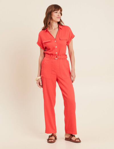 Combinaison fluide boutonnée rouge corail femme
