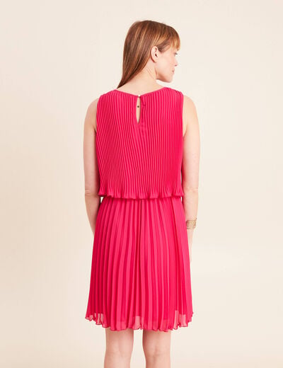 Robe pliss&eacute;e sans manches col rond rose fushia femme