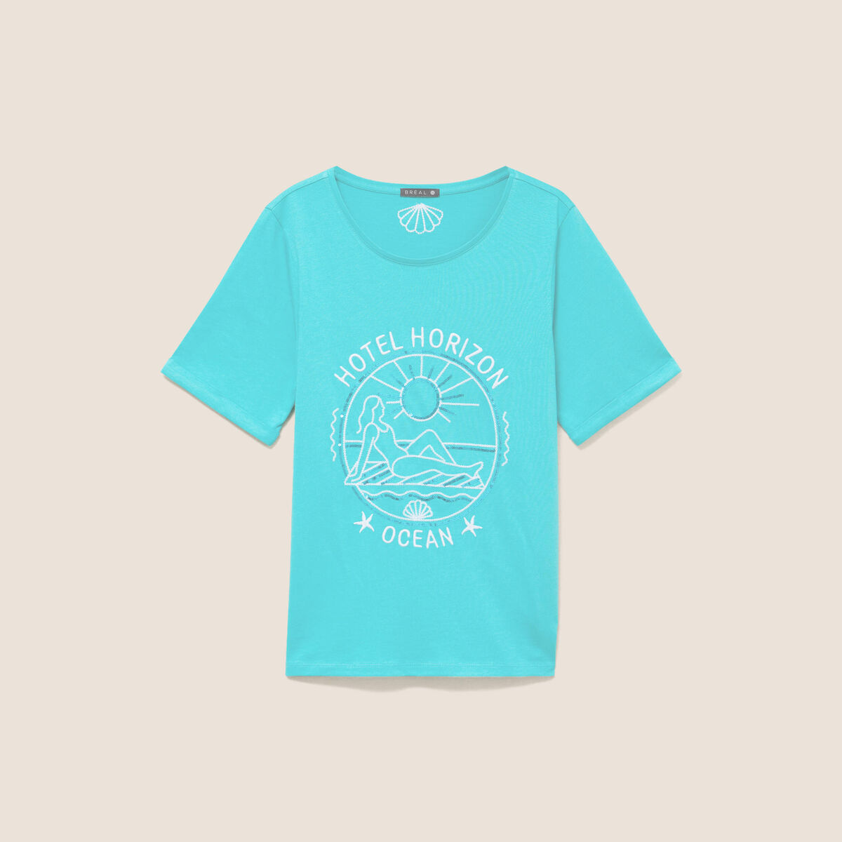 T-shirt col rond manches courtes brod&eacute; vert turquoise femme
