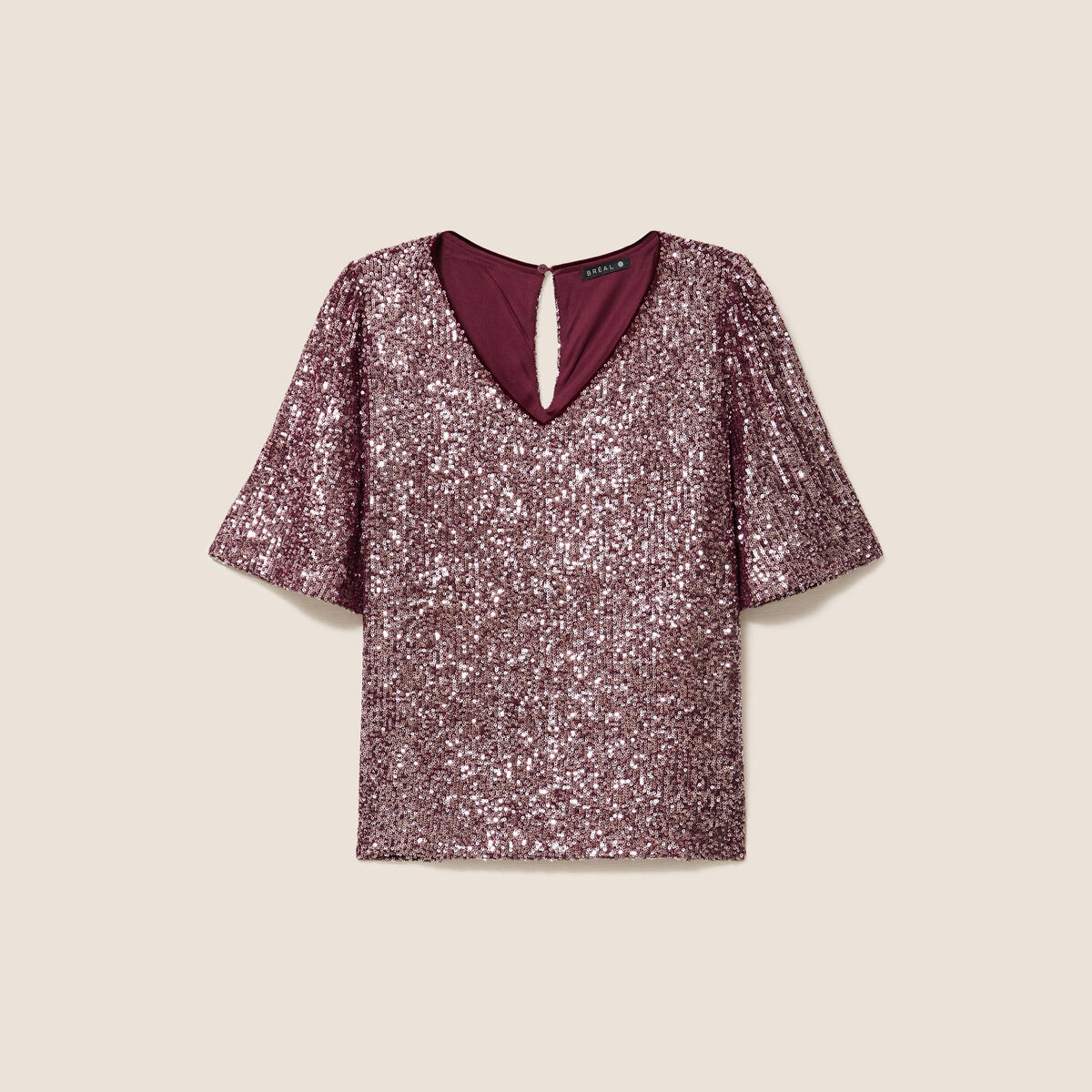 T-shirt &agrave; sequins manches coudes bordeaux femme