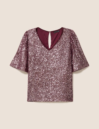 T-shirt &agrave; sequins manches coudes bordeaux femme