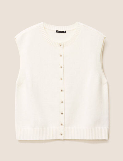 gilet droit court sans manches col rond ecru femme