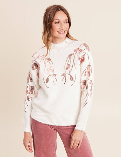 Pull col rond manches longues sequins ecru femme