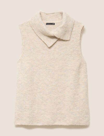 Pull sans manches col boule bouclette creme femme