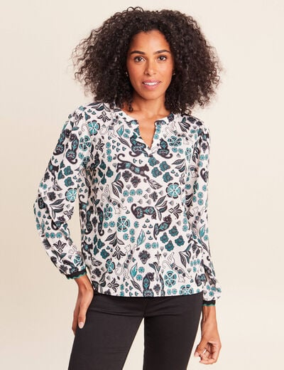 Blouse col tunisien manches longues blanc femme