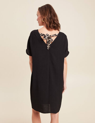 Robe droite courte col v manches coudes noir femme