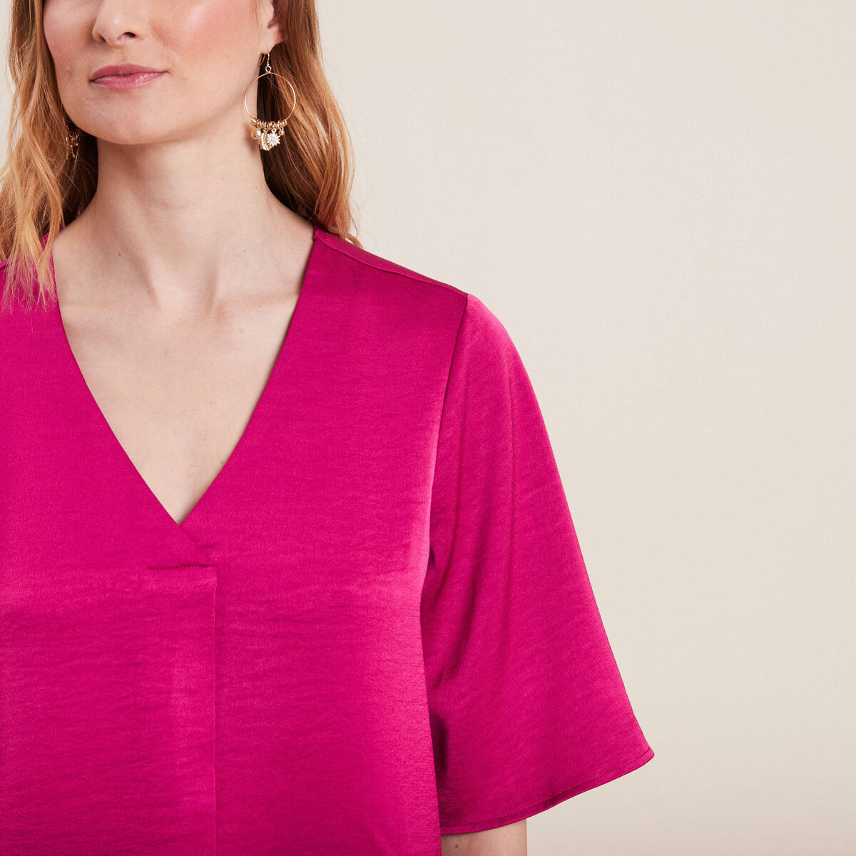 Blouse manches 3/4 satin rose fushia femme