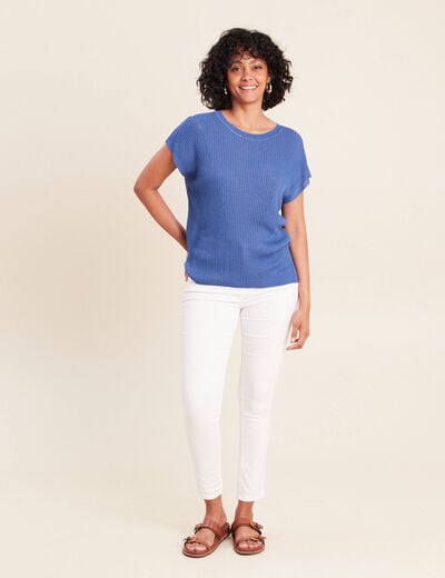 Pull col rond manches courtes bleu roi femme