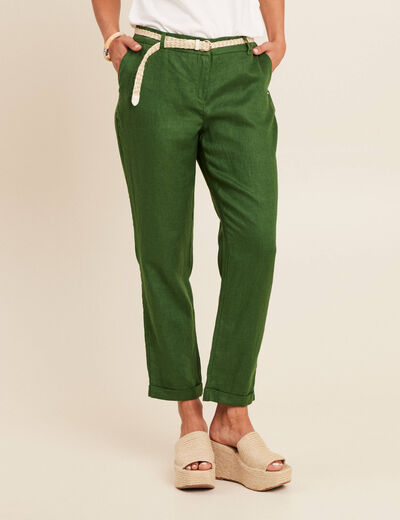 Pantalon flou ceinturé vert foncé femme