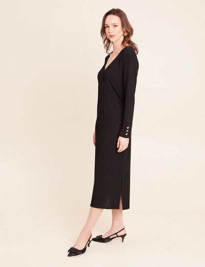 Robe col v manches longues noir femme