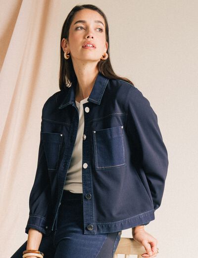 Veste droite courte manches longues denim brut femme