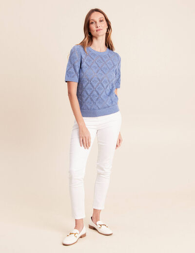 Pull droit court manches courtes bleu ciel femme