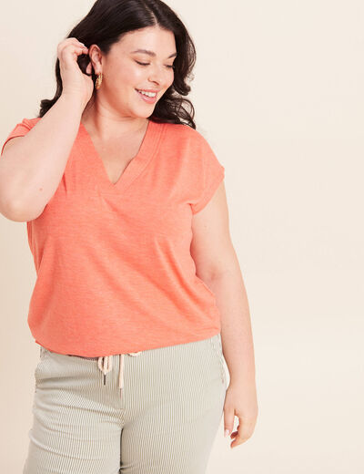 T-shirt col v manches courtes orange fluo femme
