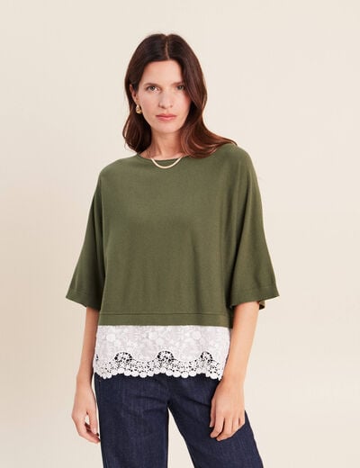 Pull bi-mati&egrave;re col bateau vert kaki femme