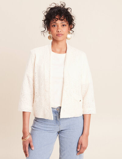 Veste brod&eacute;e bas resserr&eacute; manches 3/4 ecru femme