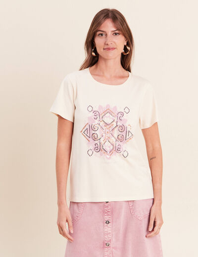 T-shirt col rond manches courtes ecru femme