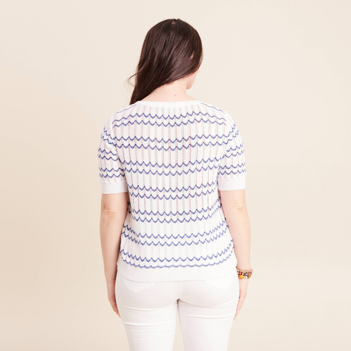 Pull col rond manches courtes bleu femme