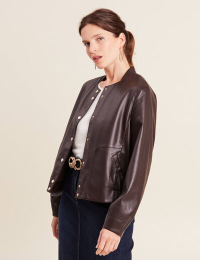 Veste simili cuir marron foncé femme