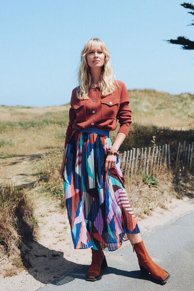 Jupe longue droite plissée multicolore femme