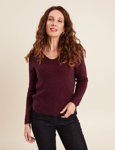 Pull col v bordeaux femme