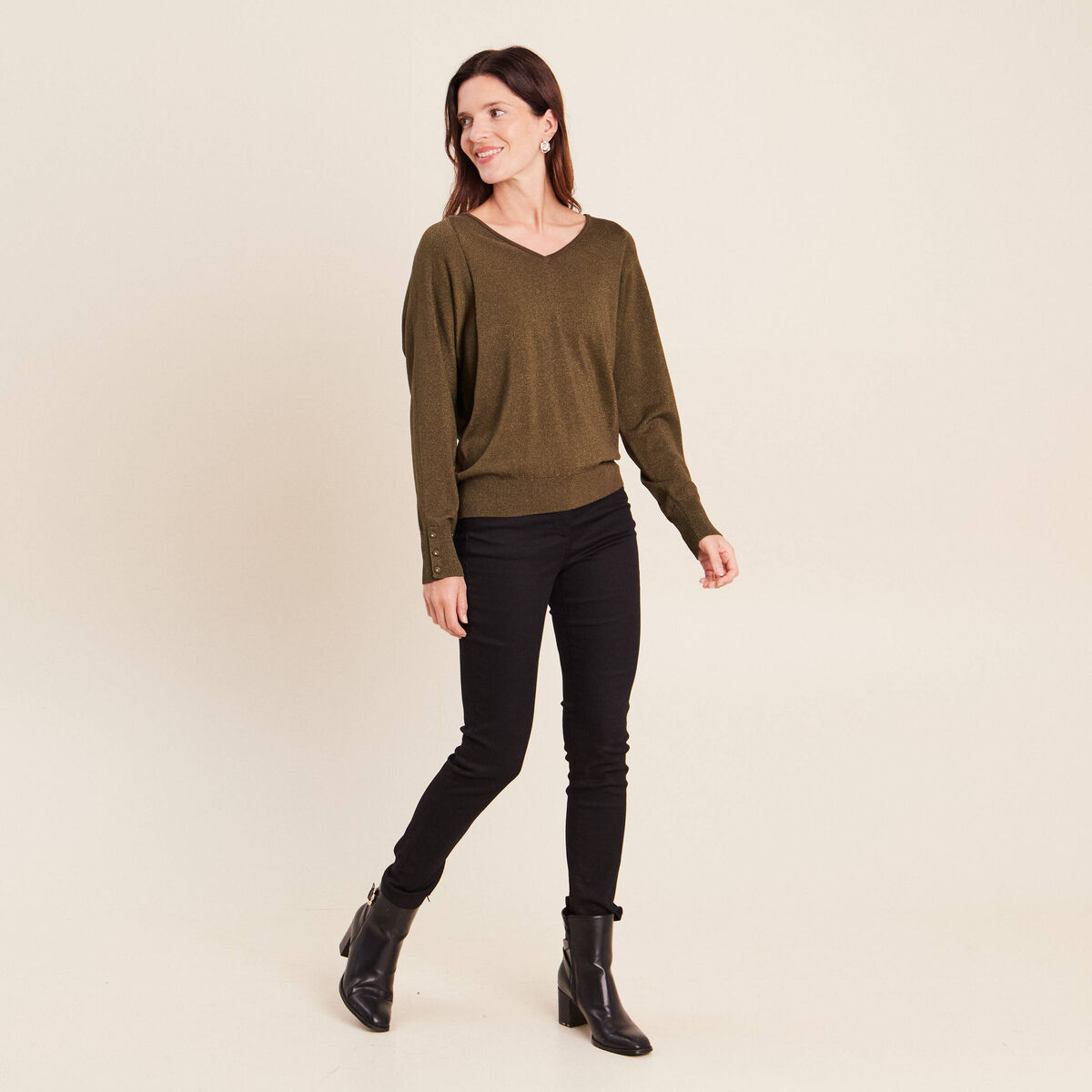 Pull manches longues vert kaki femme