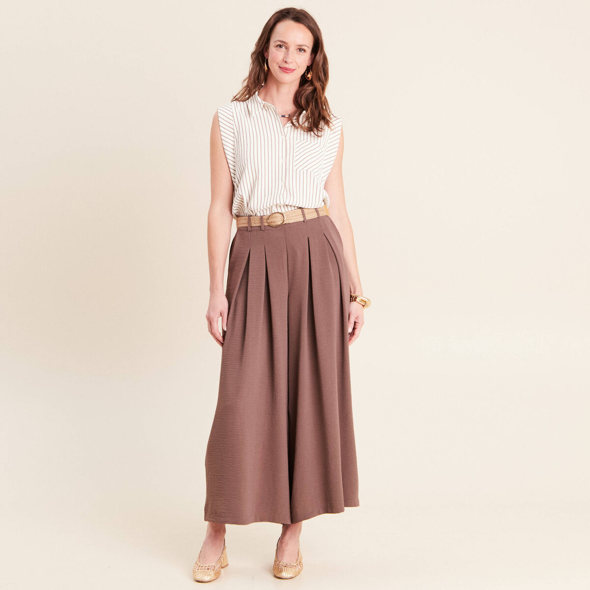 Chemise sans manches col chemise fluide taupe femme
