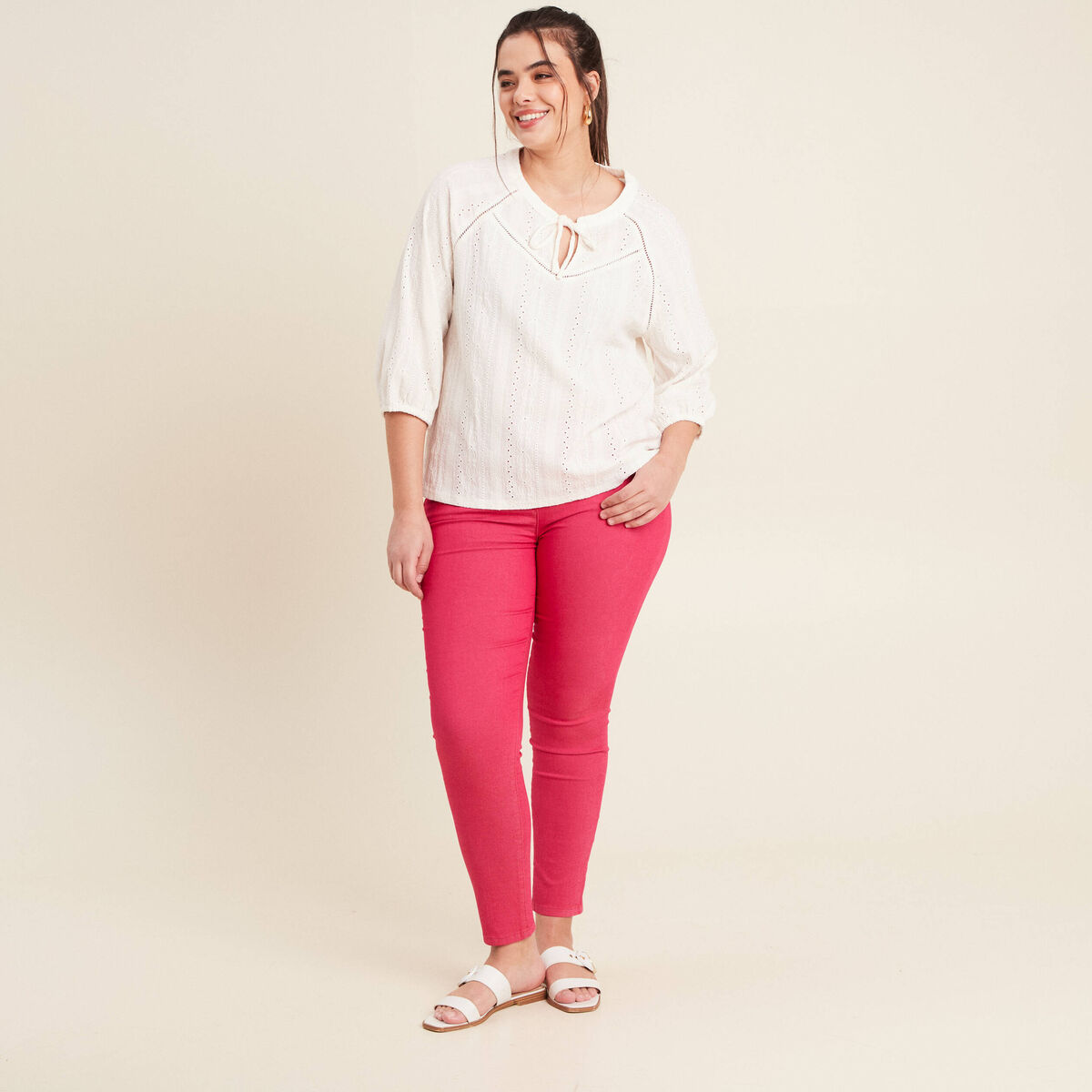 Pantalon léger taille standard 7/8ème rose fushia femme