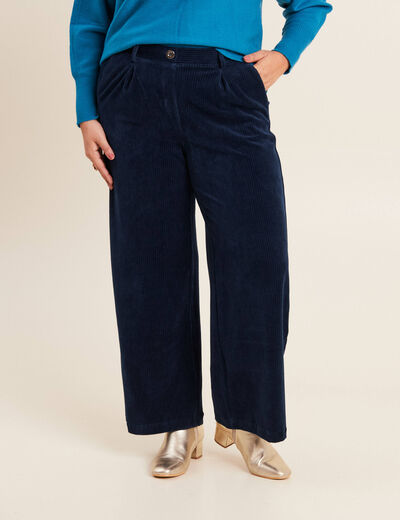 Pantalon large velours bleu marine femme