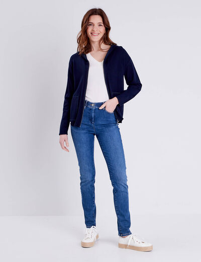 Gilet manches longues à capuche bleu marine femme