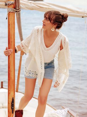 Veste kimono avec macrame ecru femme