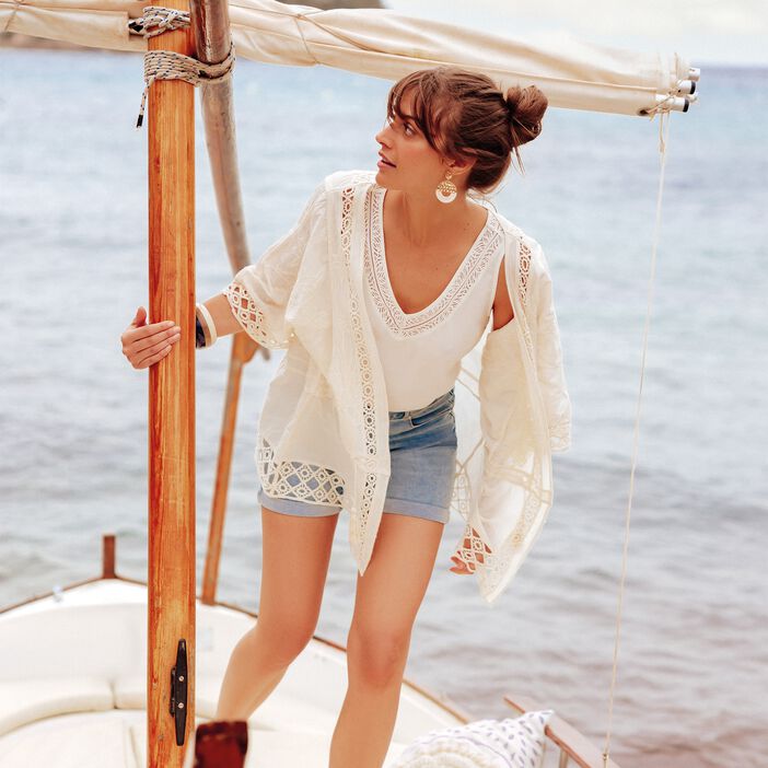 Veste kimono avec macramé ecru femme