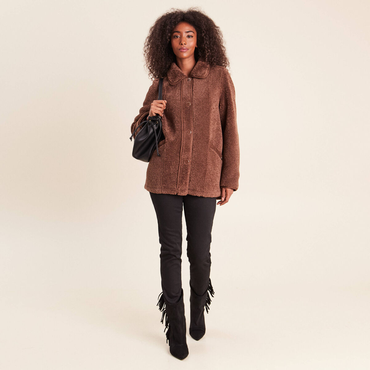 Manteau bouclette doubl&eacute; manches longues marron fonc&eacute; femme