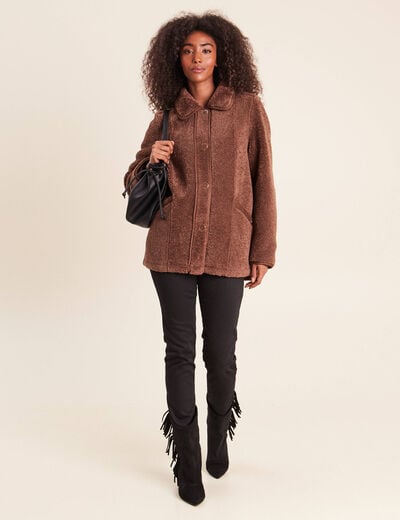 Manteau bouclette doubl&eacute; manches longues marron fonc&eacute; femme