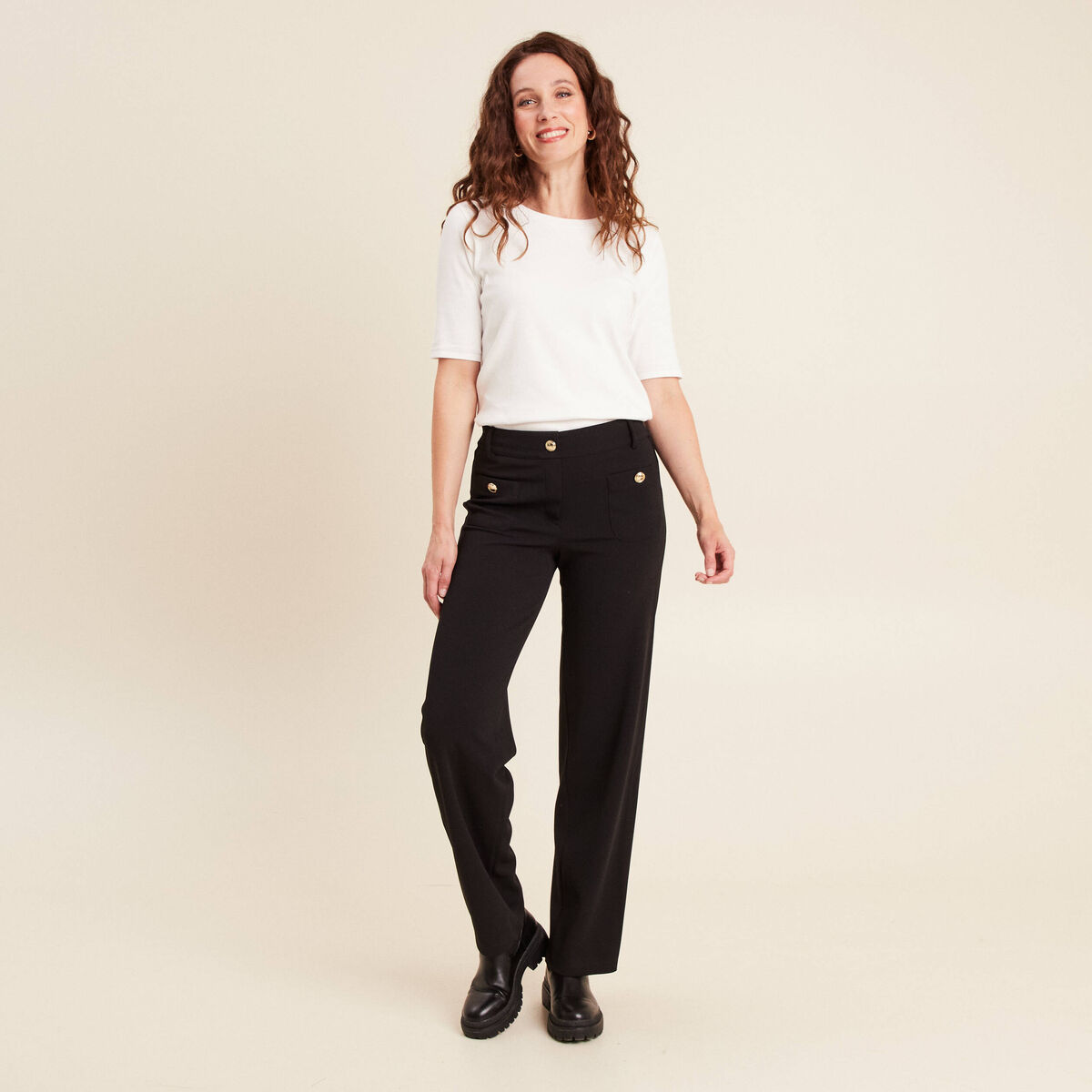 Pantalon coupe droite taille haute noir femme