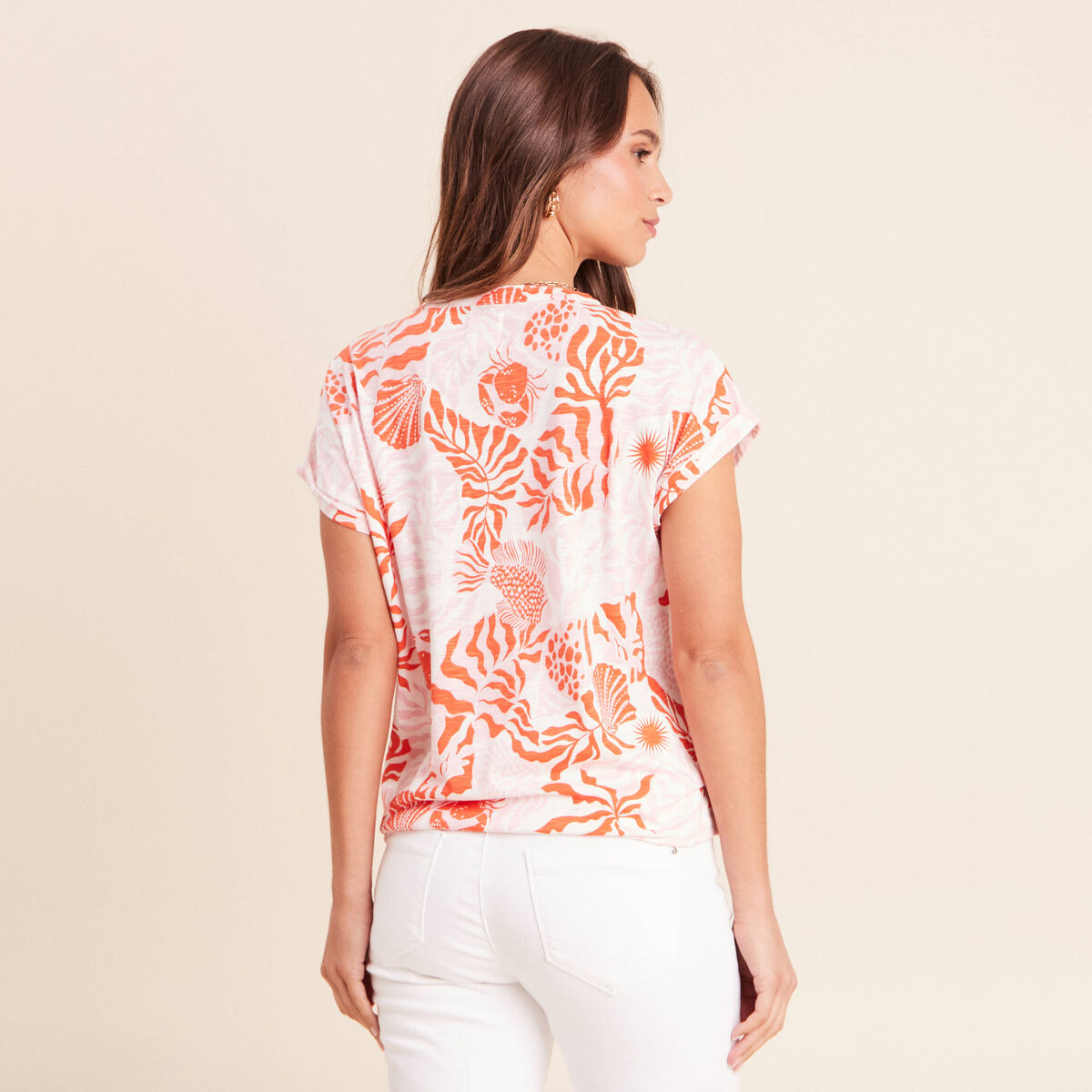 T-shirt col tunisien manches courtes rose femme