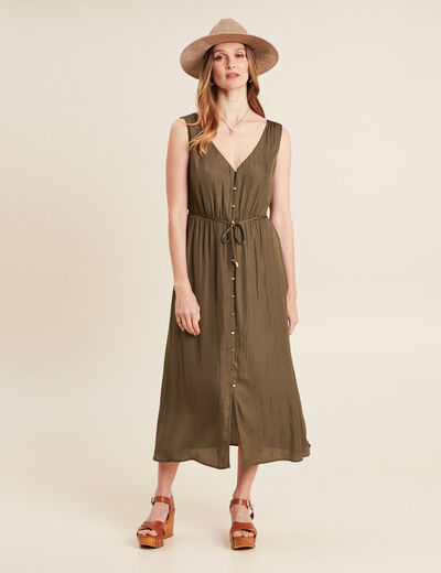 Robe midi évasée satin vert kaki femme