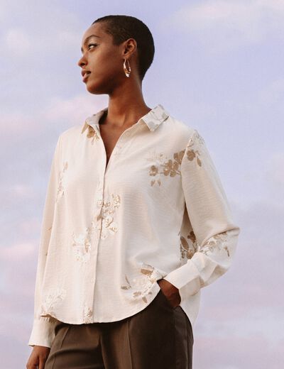 Chemise &agrave; sequins manches longues ecru femme