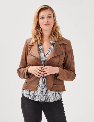 Veste esprit motard zipp&eacute;e marron fonc&eacute; femme