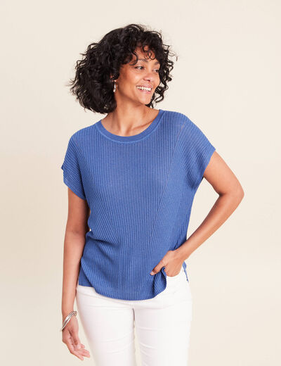 Pull col rond manches courtes bleu roi femme