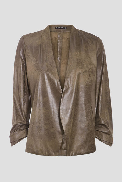 Veste droite col châle vert kaki femme