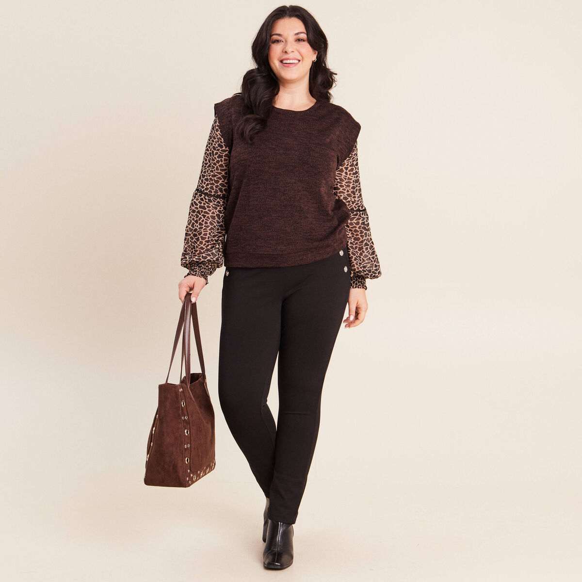 T-shirt col rond manches longues noir femme
