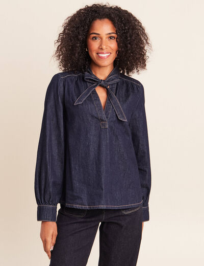 Blouse denim col &agrave; nouer denim brut femme