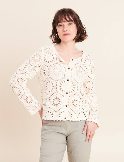 Gilet manches longues aspect dentelle ecru femme
