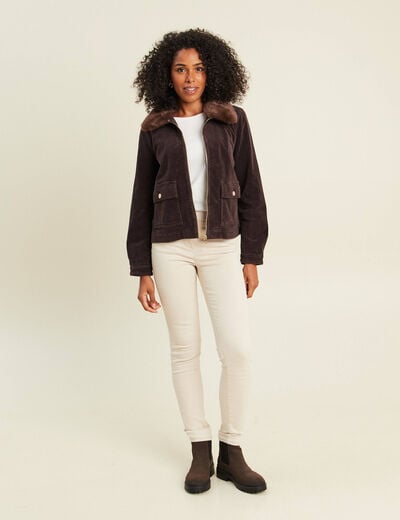Blouson droit velours manches longues marron fonc&eacute; femme
