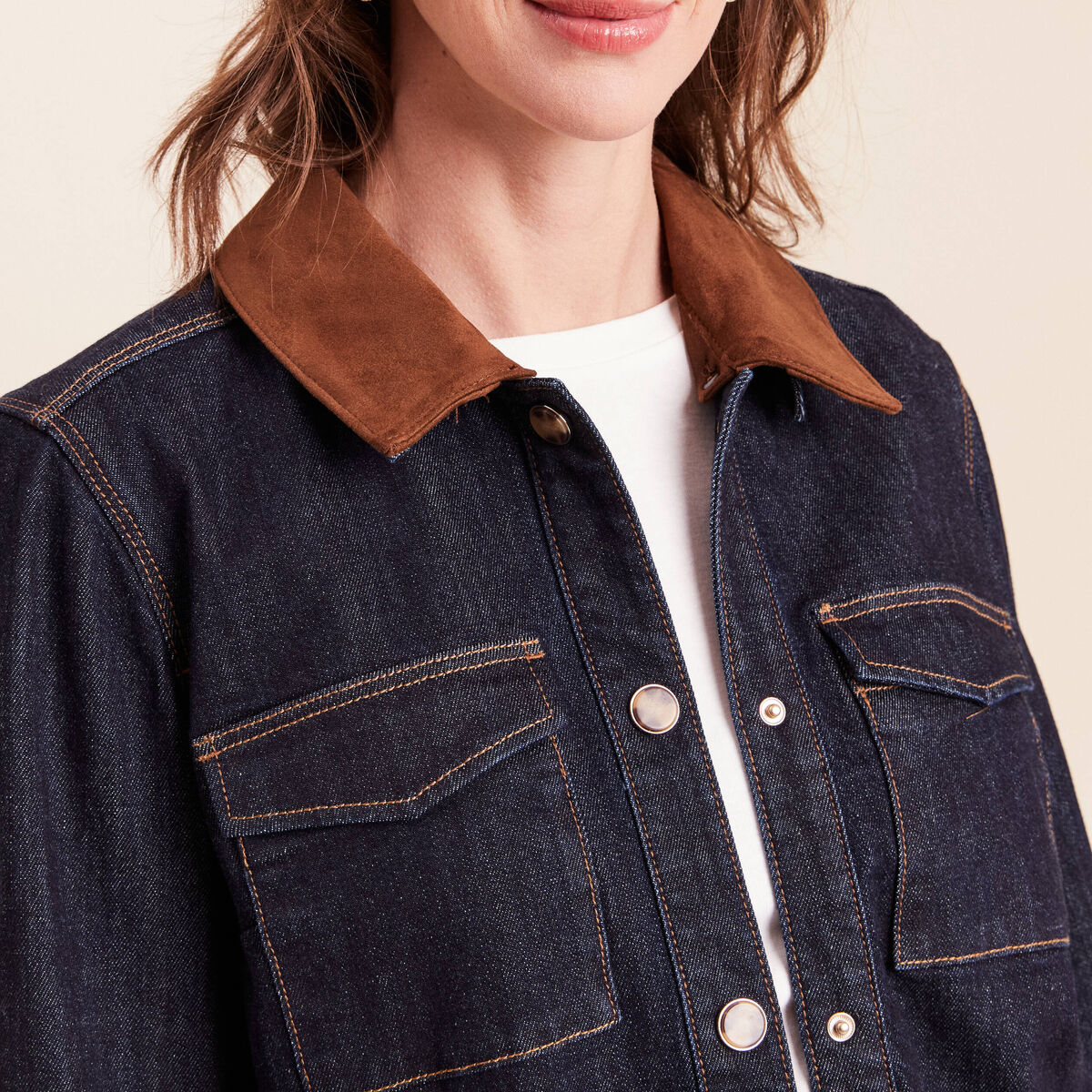 Veste droite &agrave; manches longues denim brut femme