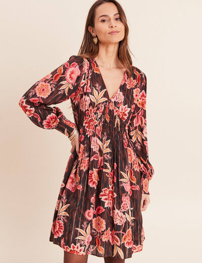 Robe courte &eacute;vas&eacute;e col v manches longues marron femme