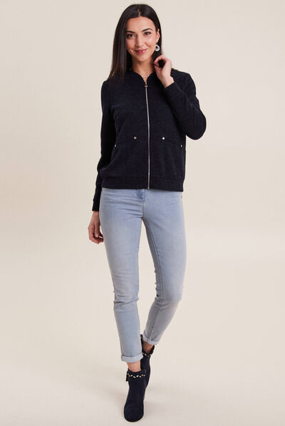 Gilet manches longues zippé bleu marine femme
