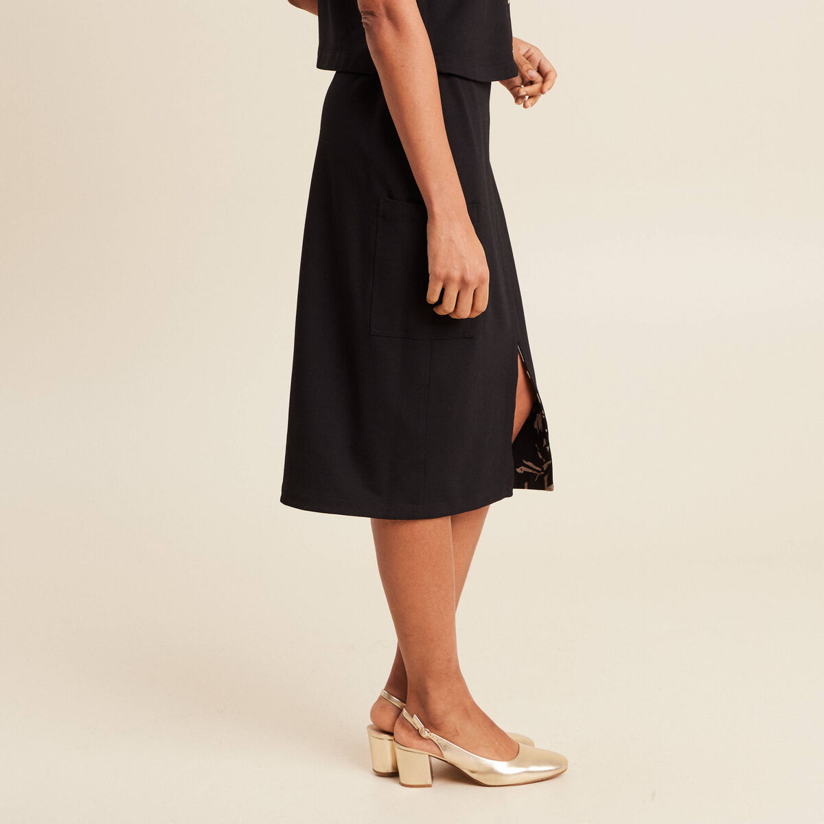 Jupe réversible midi droite fendue noir femme